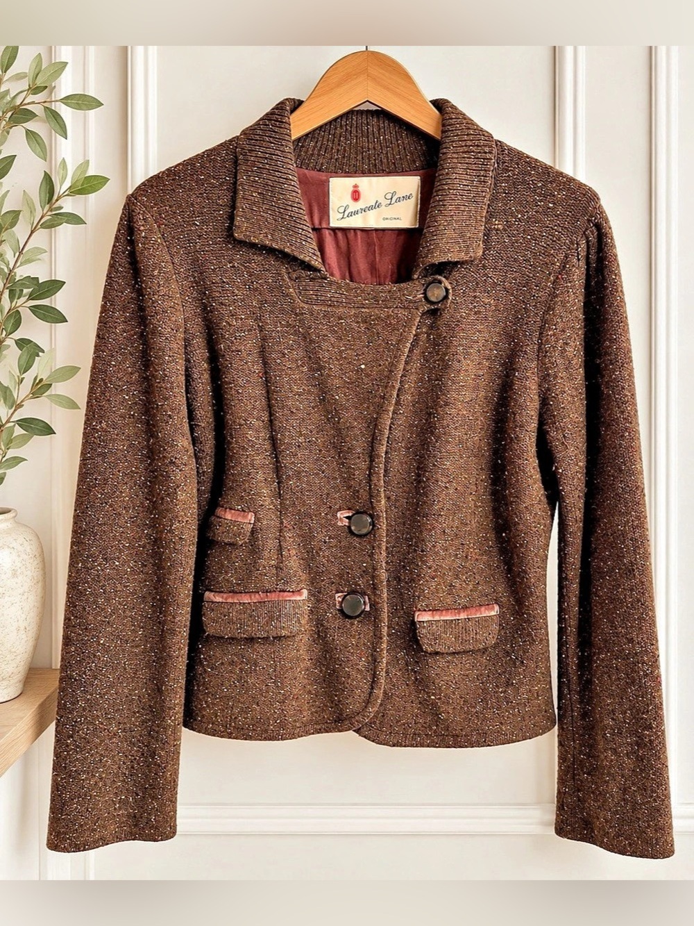 Anthropologie Laureate Lane Brown Tweed Velvet Trim Sweater Blazer